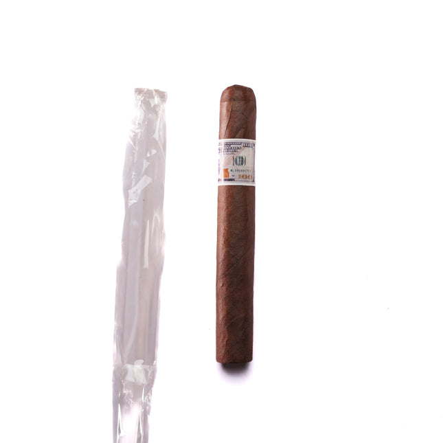 Cigar with a plastic wrapper on a white background