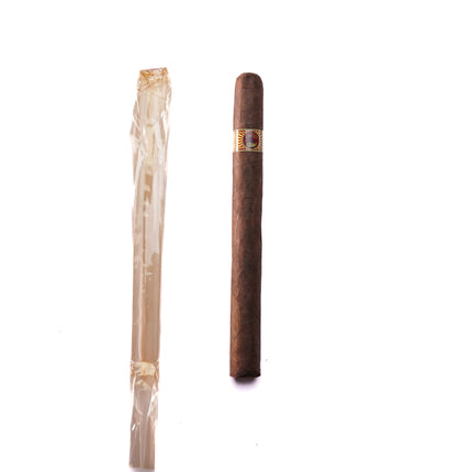 Cigar and unlit wrapper on a white background