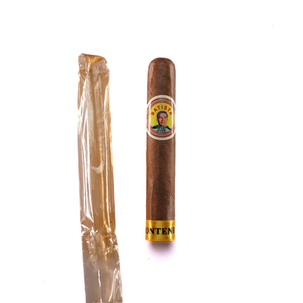 Cigar with a label and a plastic-wrapped cigar on a white background