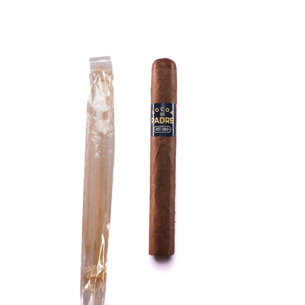 Cigar and a plastic-wrapped product on a white background