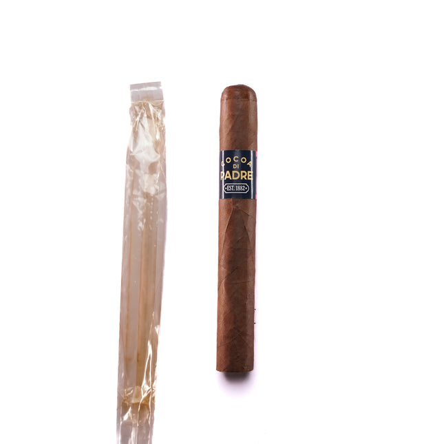 Cigar and a plastic-wrapped product on a white background