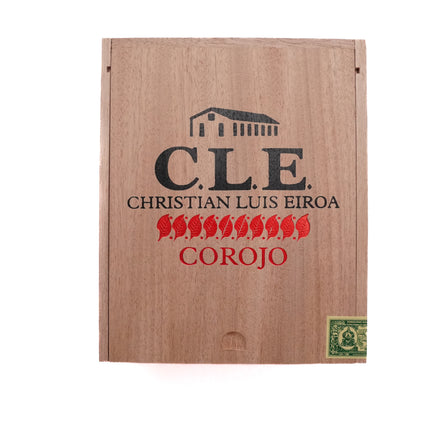 Wooden cigar box with C.L.E. Christian Luis Eiroa Corojo branding on a white background