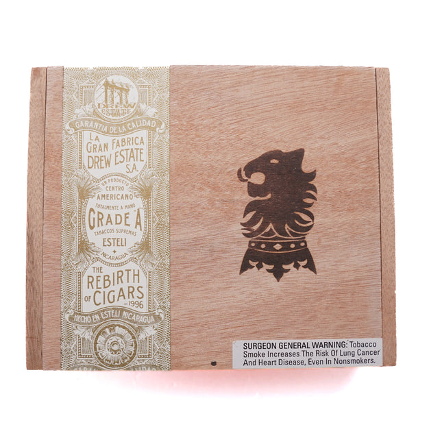 Cigar box with branding and warning label on a white background