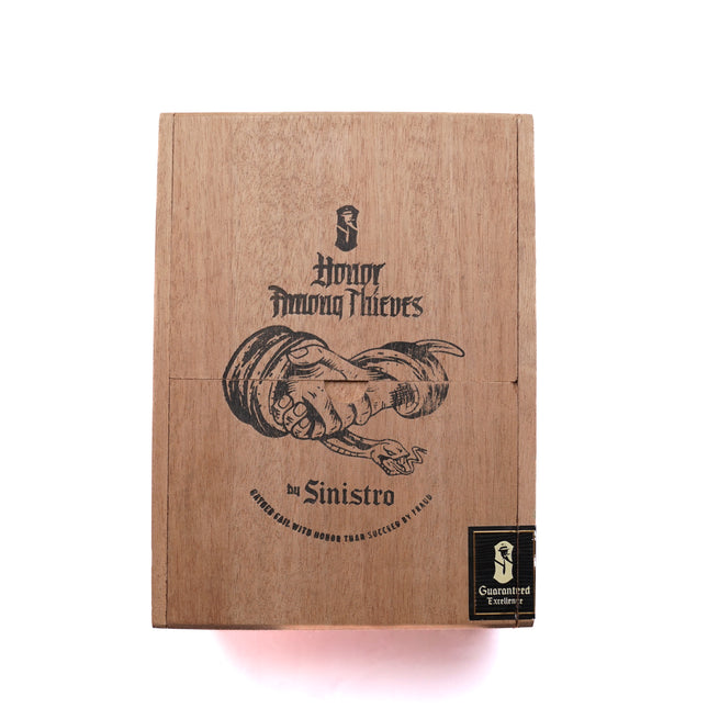 Wooden box with 'Honor Among Thieves' and 'Sinistro' branding on a white background