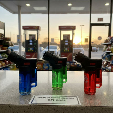 Three small pistol-shaped lighter-style devices arranged vertically on a light gray background, each with a different translucent body color: red, green, and blue.