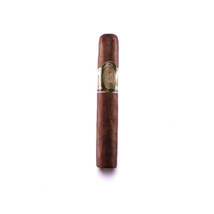 Cigar with wooden casing and gold band on a white background