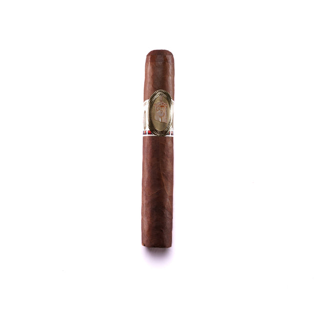 Cigar with wooden casing and gold band on a white background