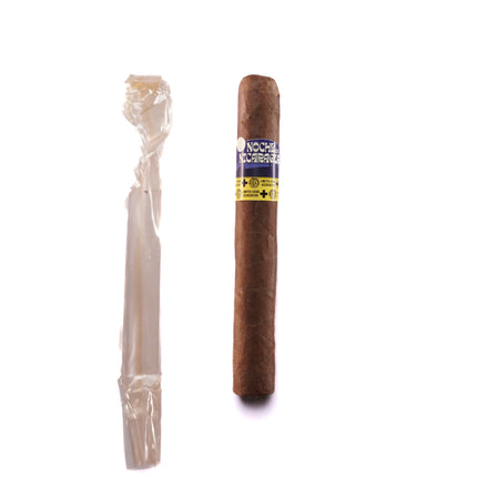 Cigar and a plastic-wrapped item on a white background