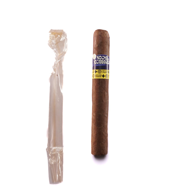Cigar and a plastic-wrapped item on a white background
