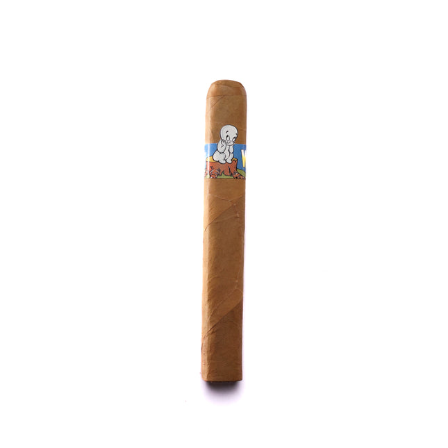 Cigar with a decorative band featuring a cartoon character on a white background
