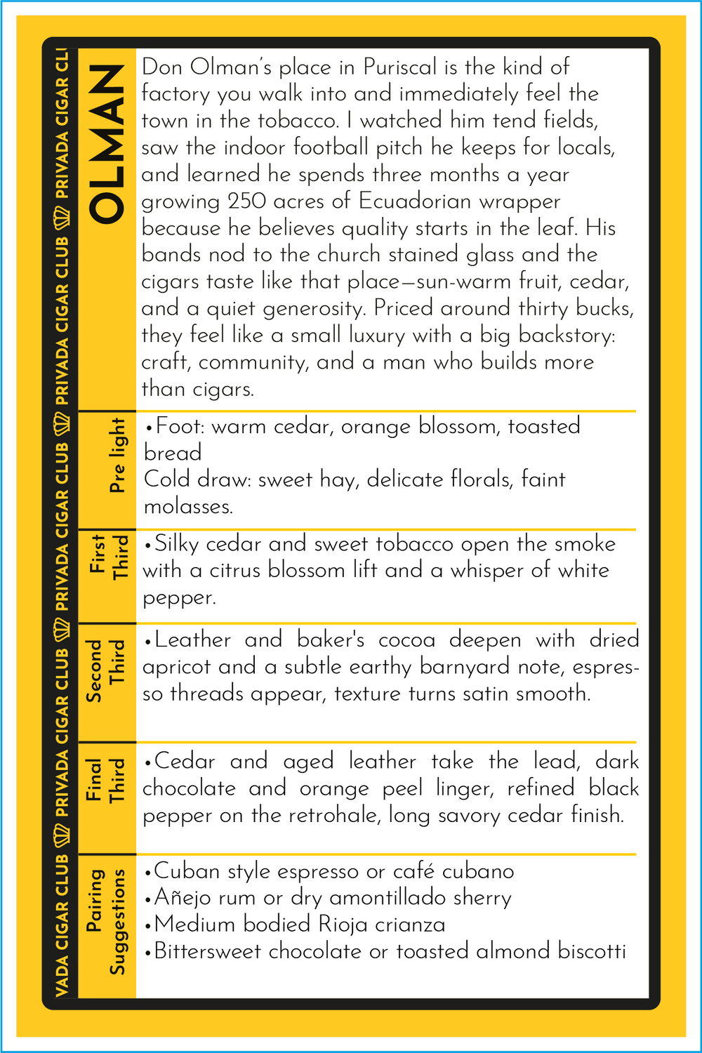Privada tasting card