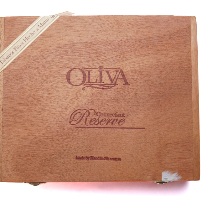 Wooden box with 'Oliva Connecticut Reserve' branding on a white background