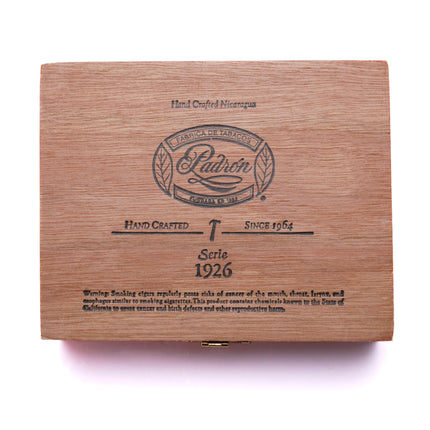 Wooden cigar box with Padron logo and branding on a white background