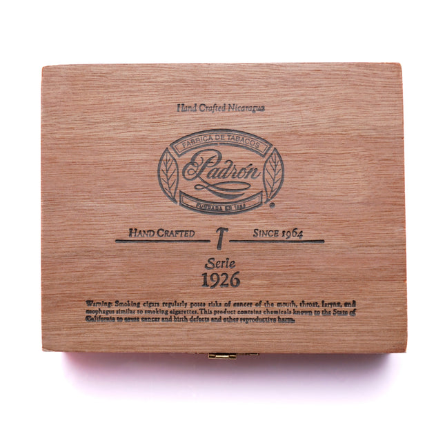 Wooden cigar box with Padron logo and branding on a white background