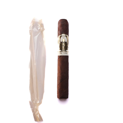 Cigar with decorative band and white ribbon on a white background