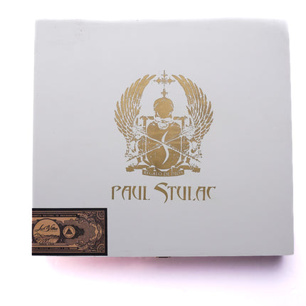 White box with gold logo and text on a white background