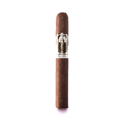 Cigar with a decorative band on a white background