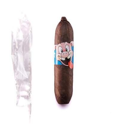 Cigar with cartoon character label on a white background
