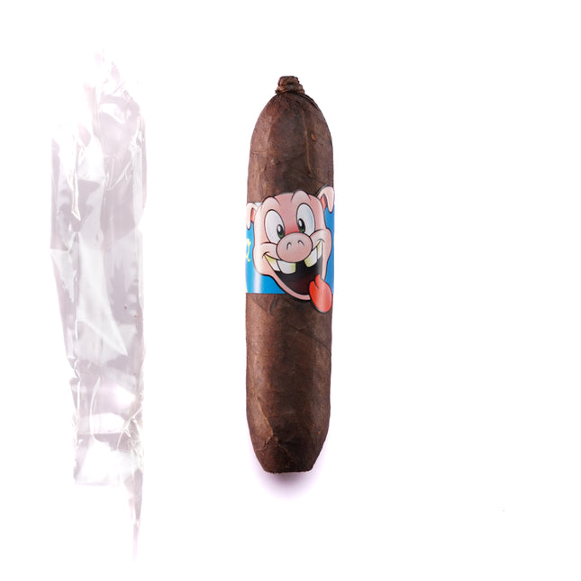 Cigar with cartoon character label on a white background