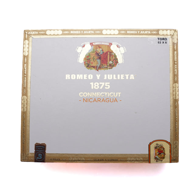 Cigar box with 'Romeo y Julieta 1875' branding on a white background