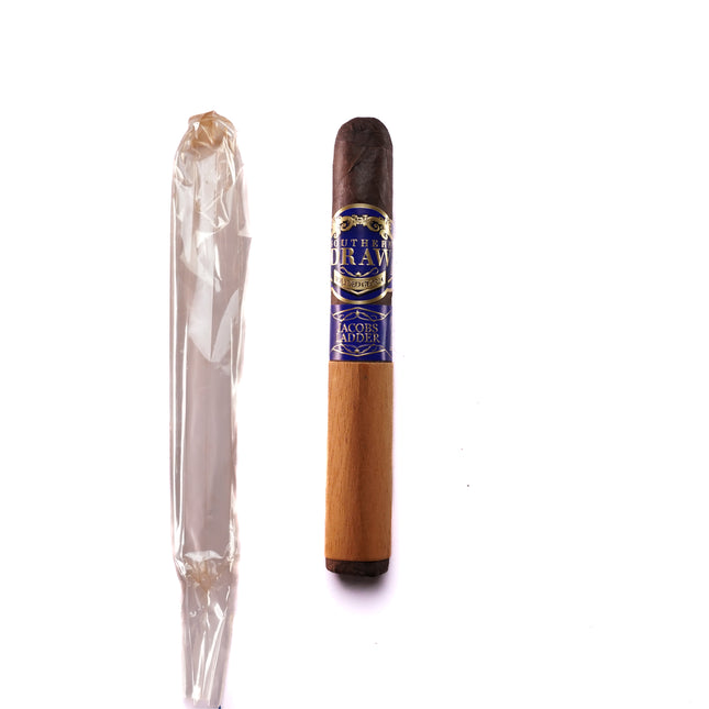 Cigar with a blue label and clear plastic wrapper on a white background