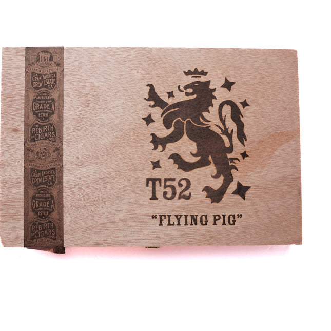 Cigar box with 'T52 Flying Pig' branding on a white background