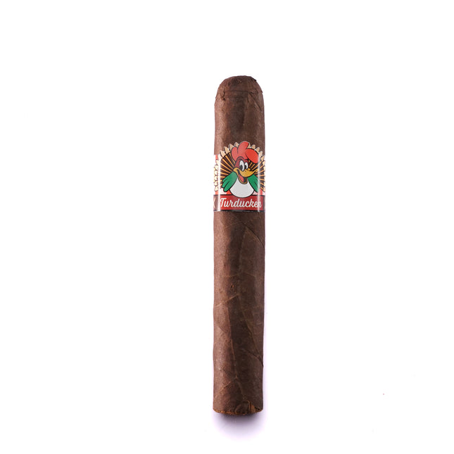 Cigar with a brand label on a white background
