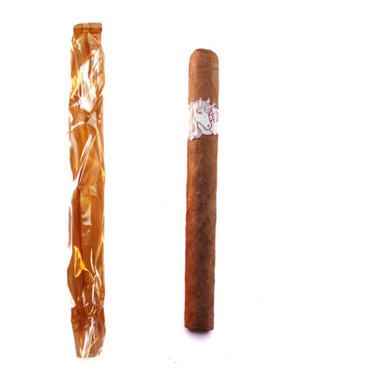Two cigars, one wrapped in brown paper and the other in white, on a white background.