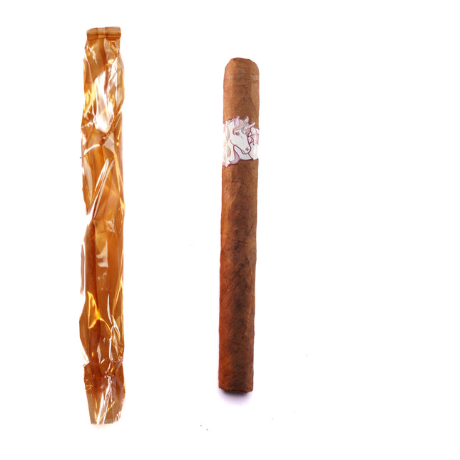 Two cigars, one wrapped in brown paper and the other in white, on a white background.