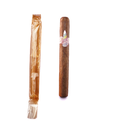 Two cigars, one in a transparent wrapper and one in a wooden holder, on a white background.