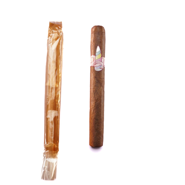 Two cigars, one in a transparent wrapper and one in a wooden holder, on a white background.