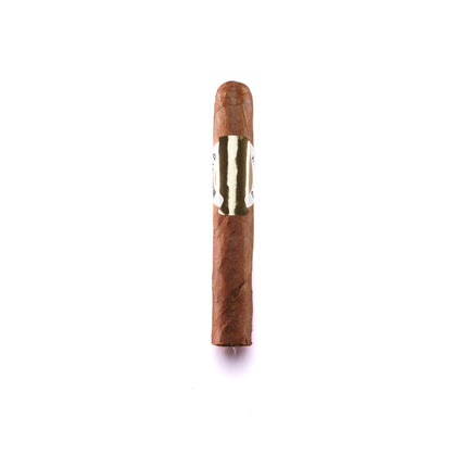 Cigar with wooden casing and gold band on a white background