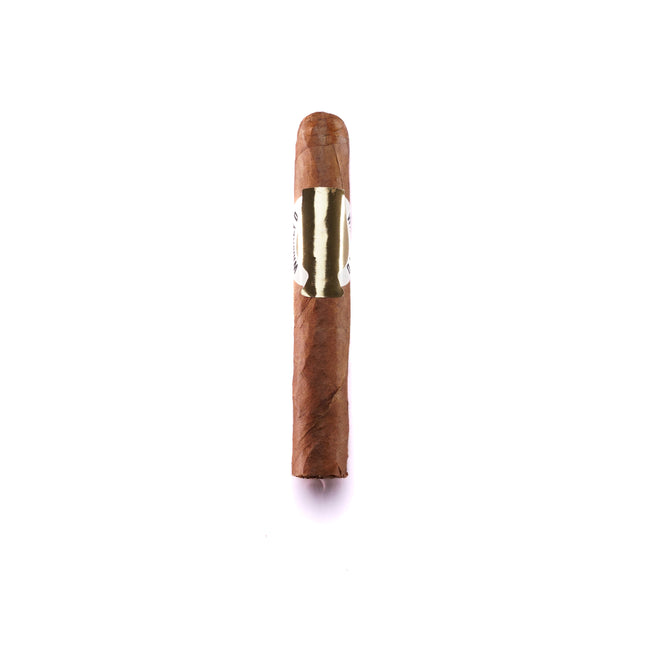 Cigar with wooden casing and gold band on a white background