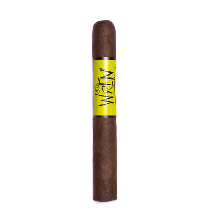 Cigar with a yellow label on a white background