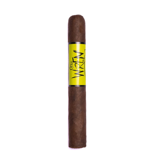 Cigar with a yellow label on a white background