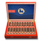 Open box of cigars with a blue label featuring a horse logo on a white background