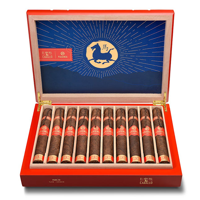 Open box of cigars with a blue label featuring a horse logo on a white background