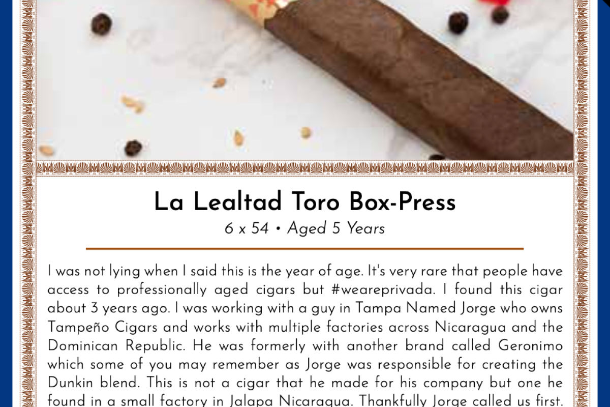 La Lealted Toro Box Press Taste Card