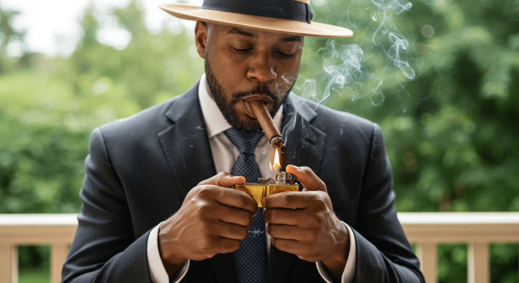 Man lighting a cigar
